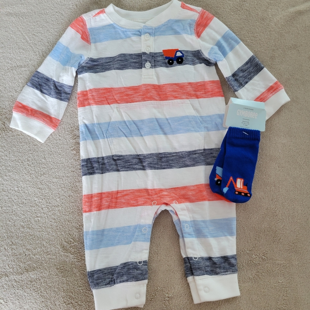 Gymboree Treats and Trucks stripe romper and sock set